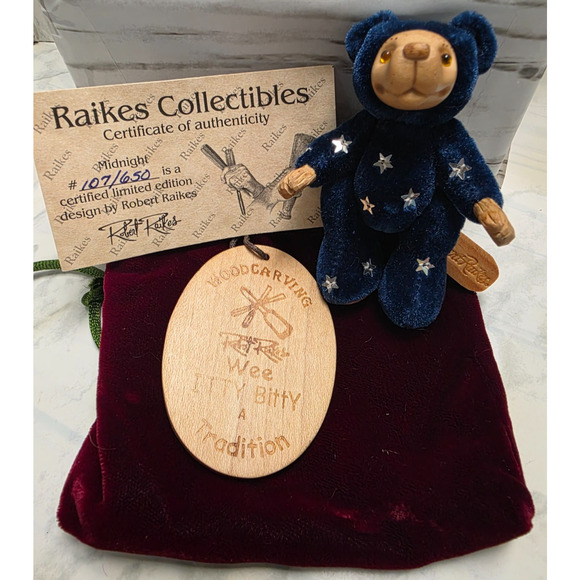 Robert Raikes 'Midnight' Itty Bitty Wood Carved Bear w/COA, Bag & Tag, #107/650 - Picture 1 of 16
